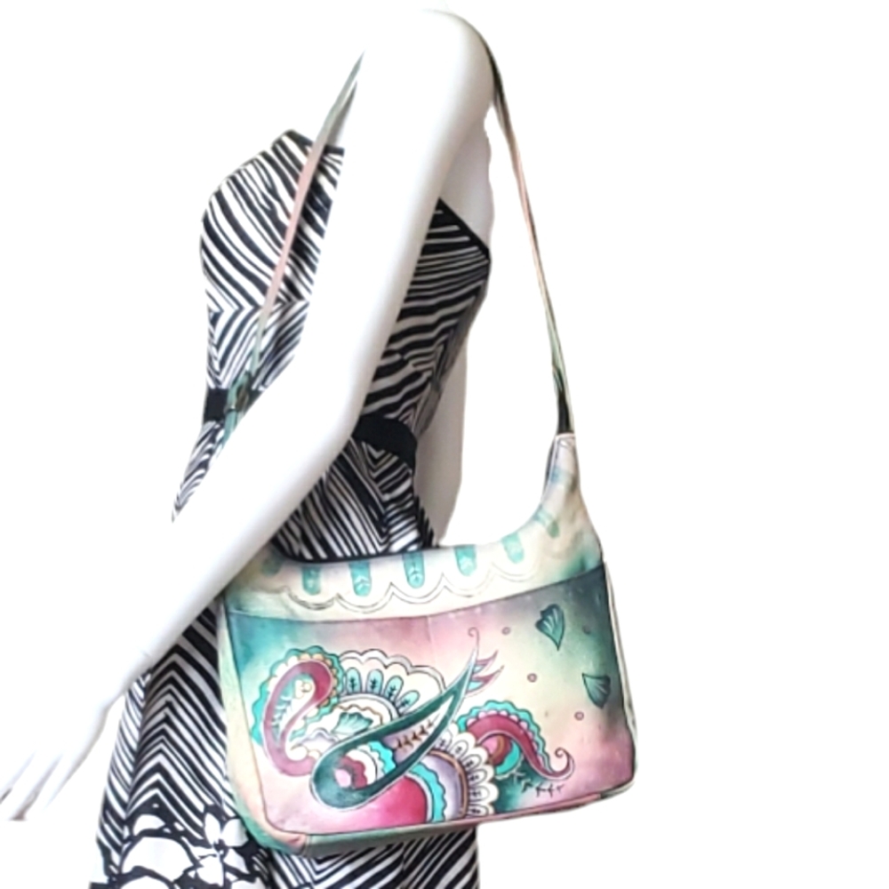 Anuschka Hand Painted Genuin Leather Hobo Shoulder Bag in Paisley Floral Print .